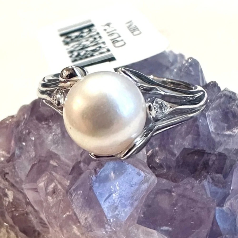 White Cultured Freshwater Pearl & White Zircon Rhodium Over Sterling Silver Ring